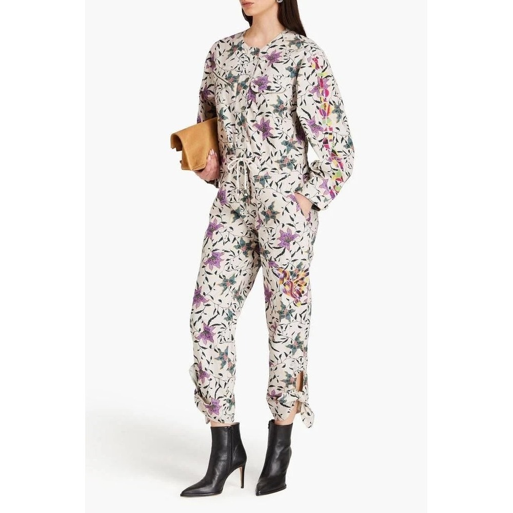 Isabel Marant Etoile Floral Bird Embroidered Utility Jumpsuit Ivory Purple